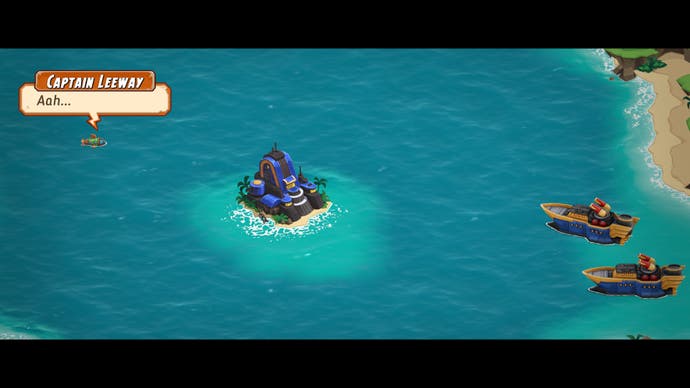 A small submarine is approached by two large battleships in SteamWorld Heist 2.