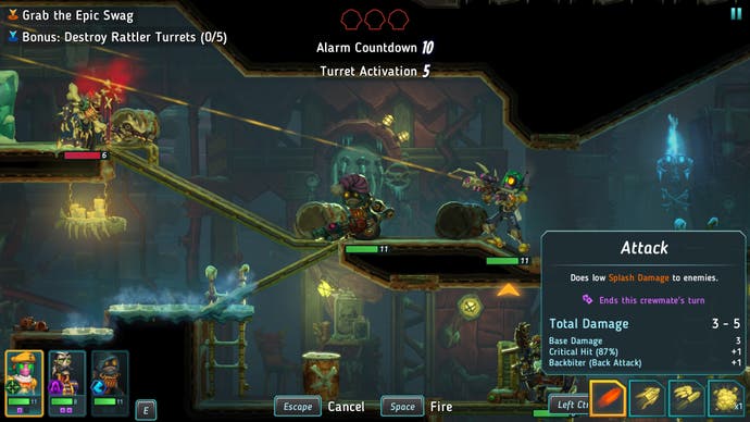 A sniper robot aims at skeleton bots in SteamWorld Heist 2.