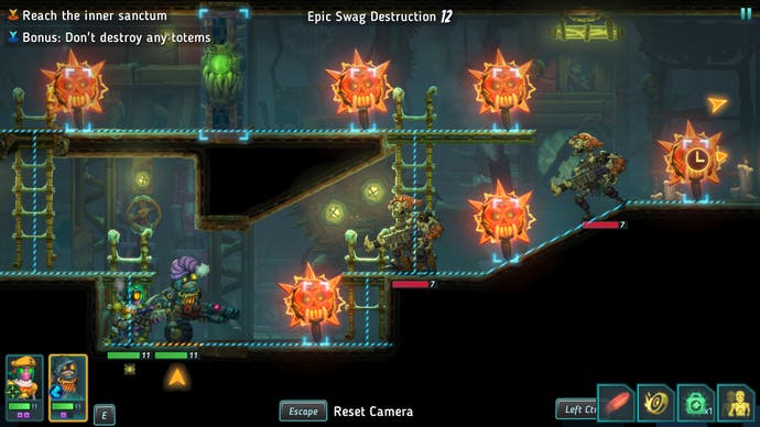 Two robots enter a room full of angry red totems in SteamWorld Heist 2.