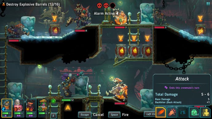 A robot aims at several explosive barrels in SteamWorld Heist 2.