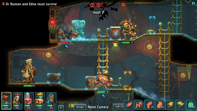 Several robots hunker down behind cover as a scientist ponders a control console in SteamWorld Heist 2.
