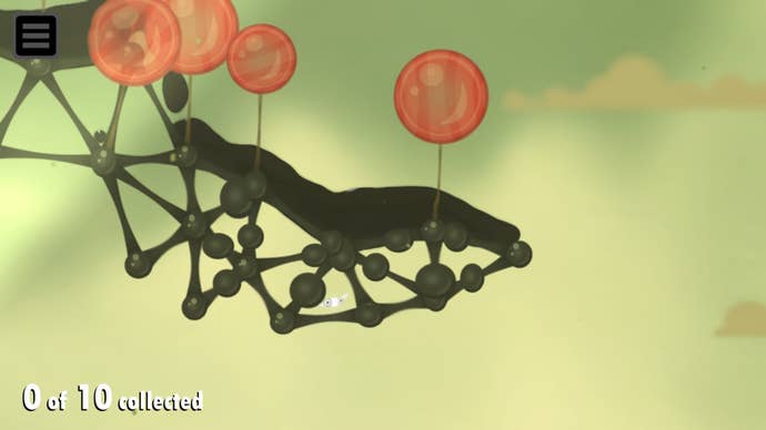 A goo bridge extends into open space, held aloft by balloons in this screen from World of Goo 2.