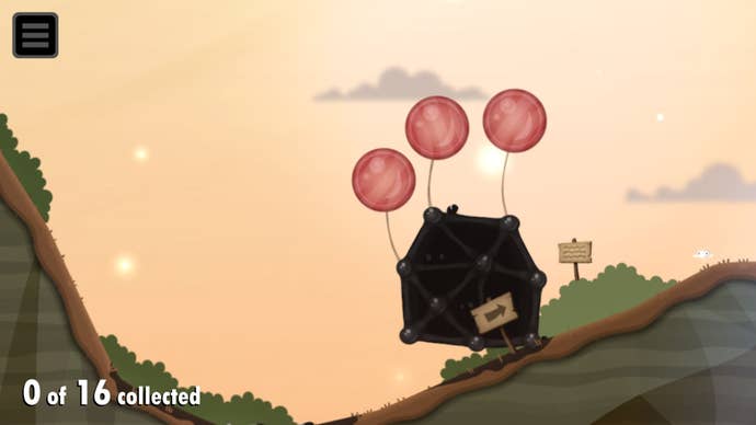 A goo block is held aloft by three balloons in this screen from World of Goo 2.
