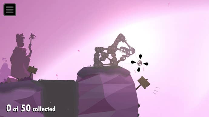 A goo structure starts to emerge on a cliff edge next to a statue in this screen from World of Goo 2.