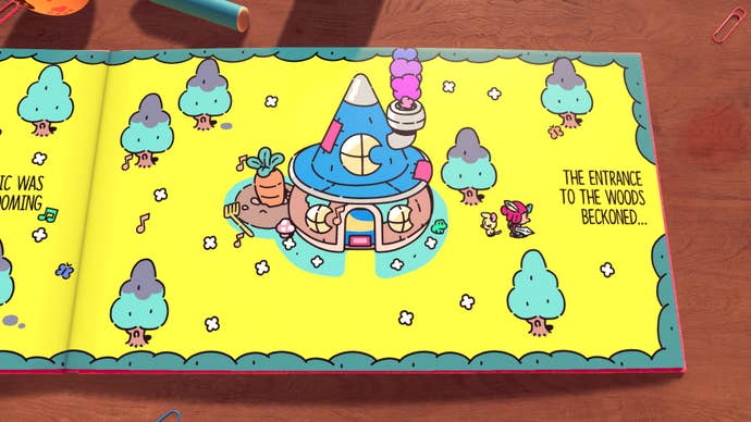 The Plucky Squire adventures away from a wizard’s cottage in the pages of a book. Text reads “The entrance to the woods beckoned."