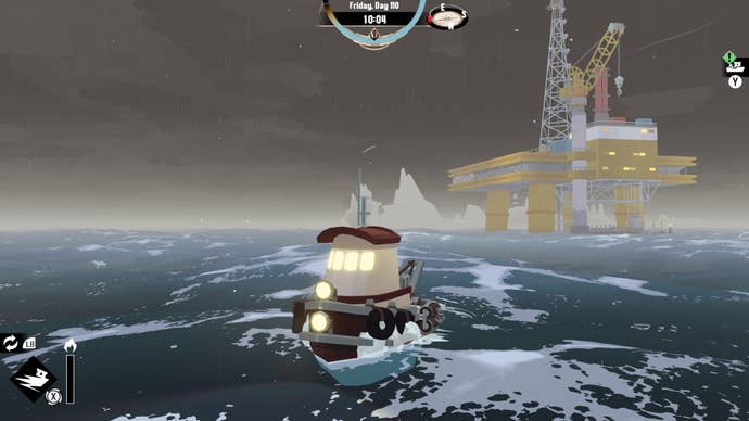 A ships sails away from an oil rig in Dredge’s The Iron Rig DLC