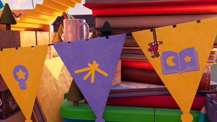 The Plucky Squire travels between pendants on a line as they swing across a cluttered child’s desk.