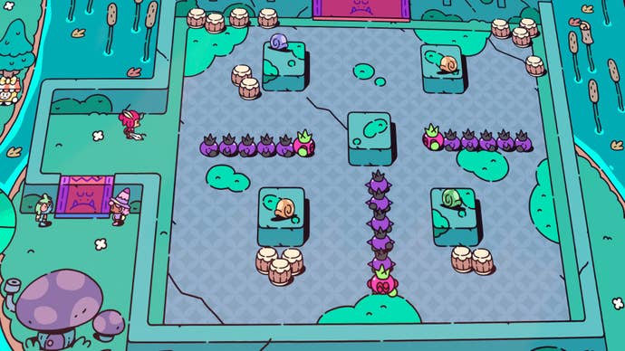 The Plucky Squire faces off against three angry caterpillars in a stone square.