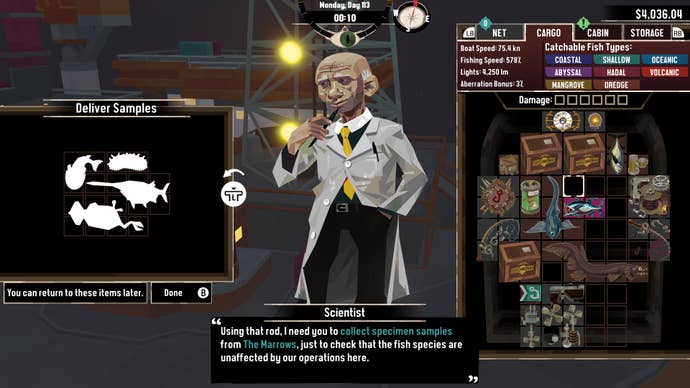 The player transfers fish samples from their hold to a scientist in Dredge’s The Iron Rig DLC