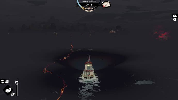 A boat follows an ominous trench in Dredge’s The Iron Rig DLC