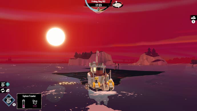 A ship sails into a thick black ooze at sunset in Dredge’s The Iron Rig DLC