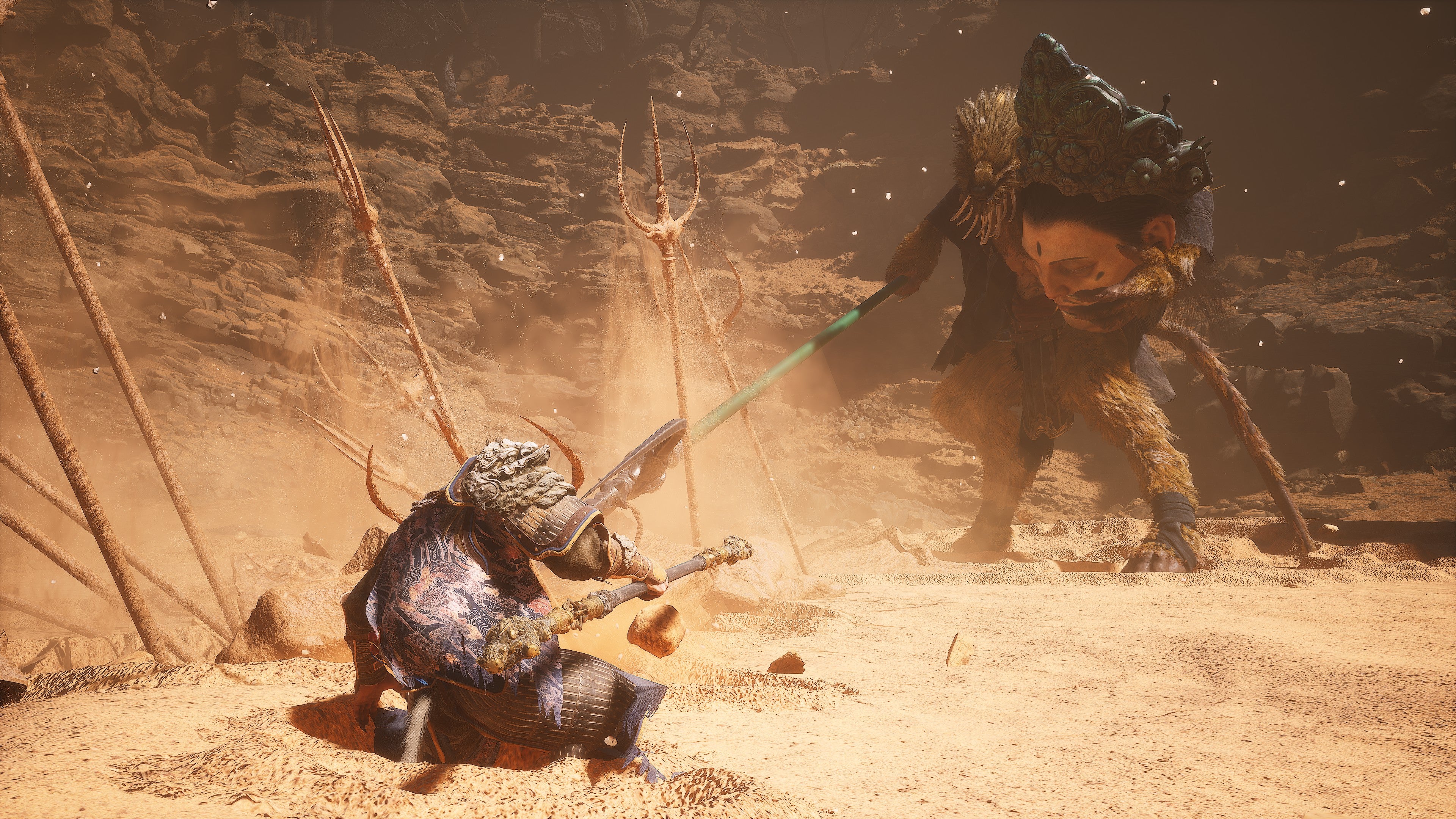 A monkey warrior dodges a line of sand tridents in Black Myth Wukong.