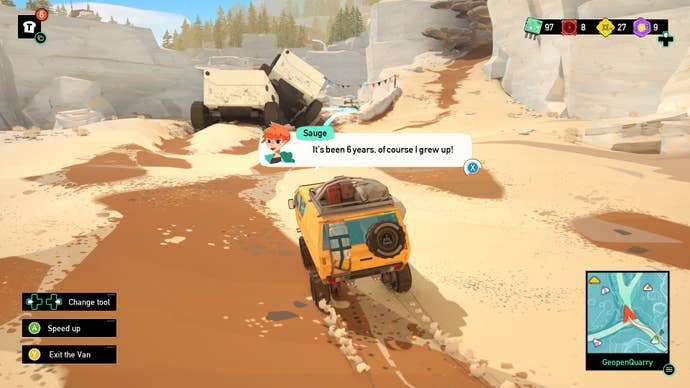 Sauge rides her van through the desert in Caravan SandWitch. She says “It’s been six years, of course I grew up!"