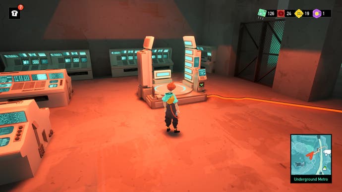 Sauge berdiri di depan teleporter di laboratorium di Caravan SandWitch.