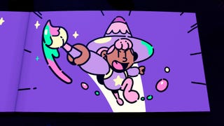 Violet, a young witch from The Plucky Squire, leaps into action with her paintbrush wand.
