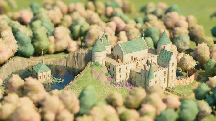 tiny glade screenshot, showing ray-traced effects on a castle-like structure