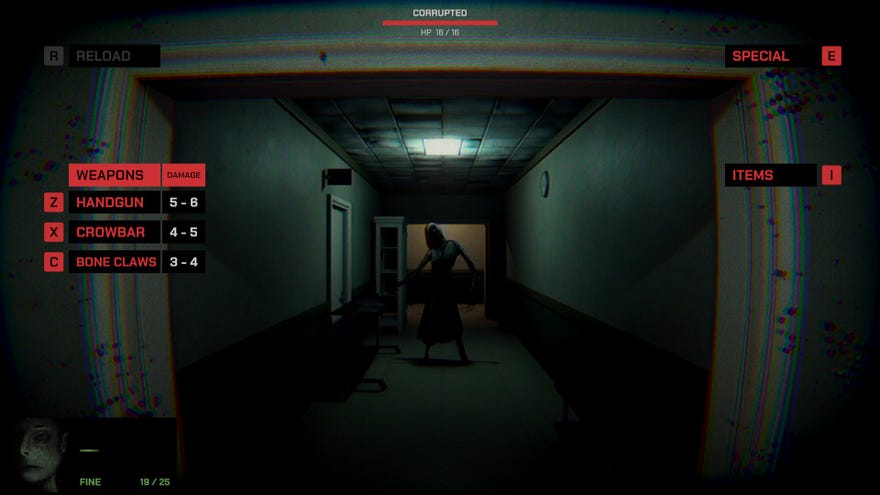 A ghoul at the end of a dimly-lit corridor, seen through a fisheyed lens with red attack and ability menus to either side