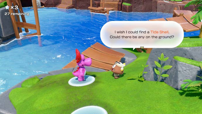Birdo talks to Toad in Super Mario Party Jamboree.