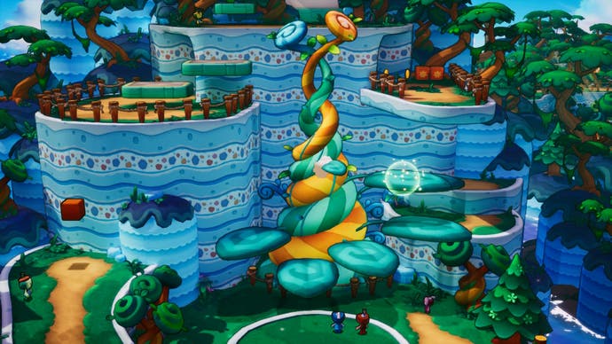 Mario & Luigi: Brothers features a new island with multiple layers of land and a threaded root extending upward.