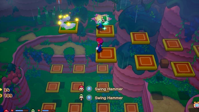 Mario and Luigi jump between platforms on the screen in Mario & Luigi: Brothers.