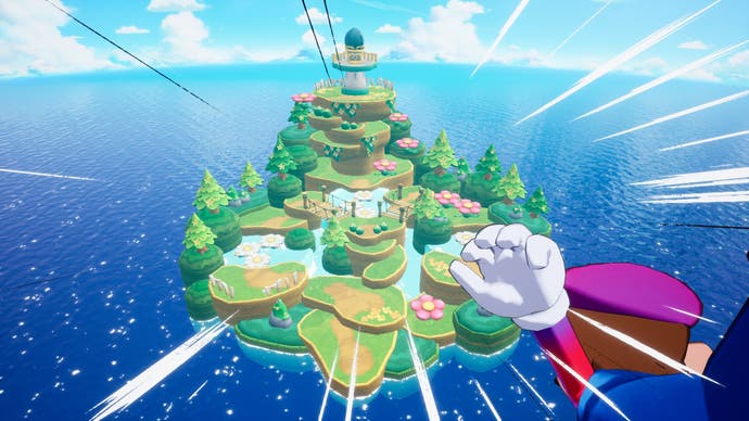 On the screen in Mario & Luigi: Brothers, Mario flies to a new island.