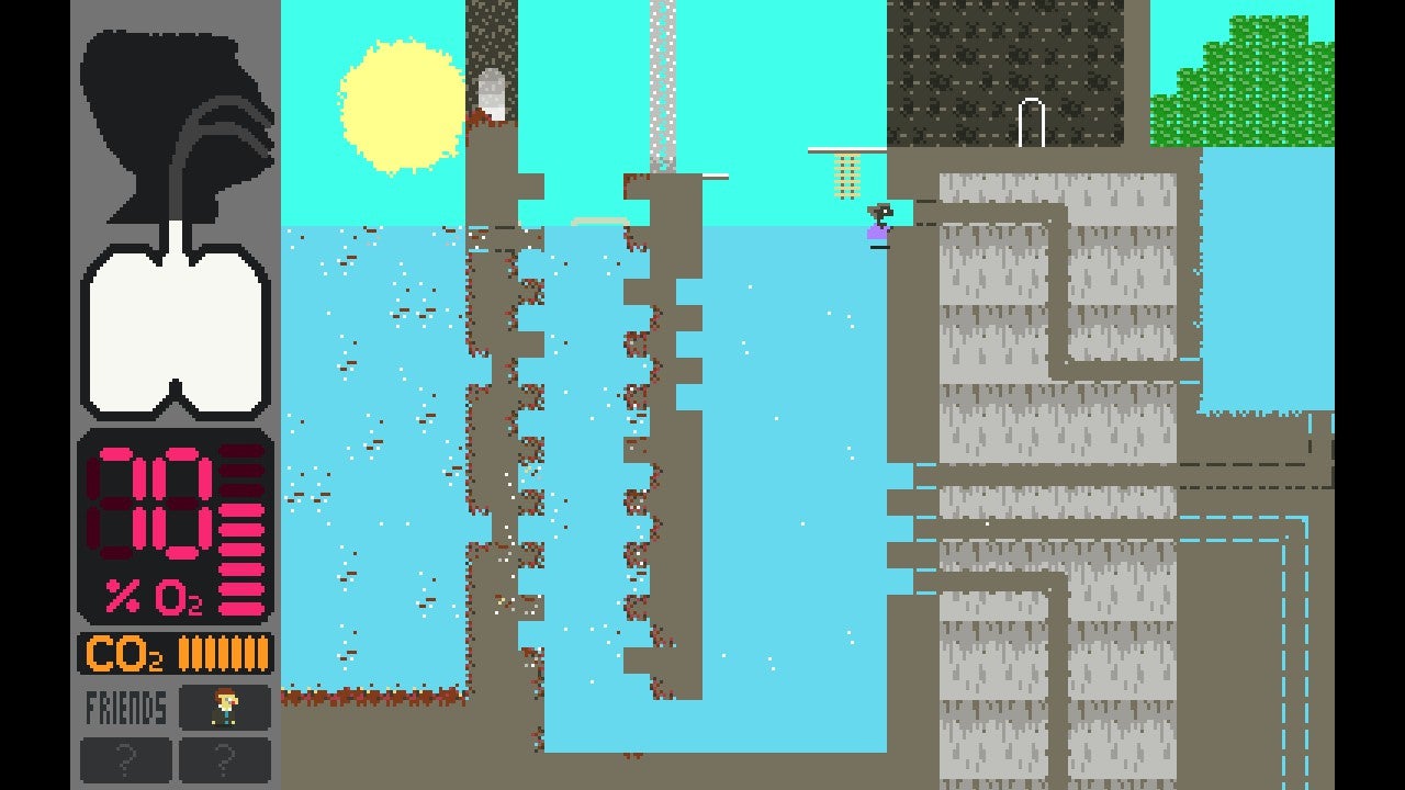 A scene from Mask Quest, showing the main character navigating a huge watery chasm with ledges - 6