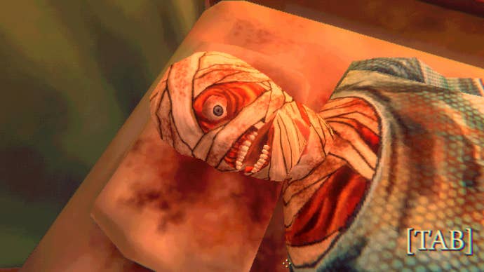 A bandaged man looks up at the player as they open his jaw in Mouthwashing.