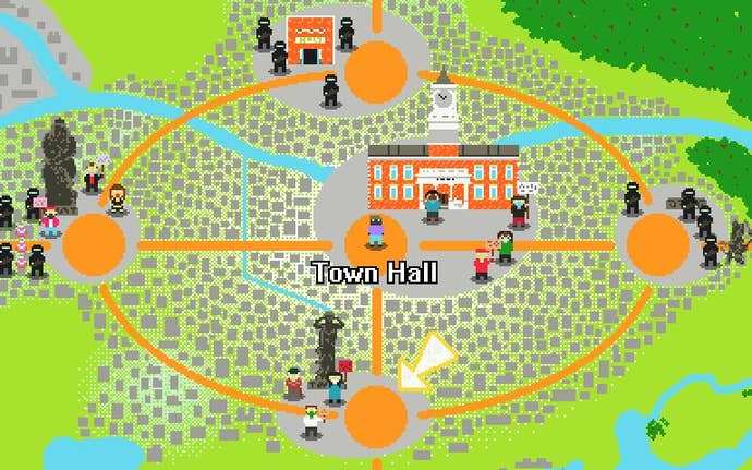 A scene from Mask Quest, showing a view of a city with different districts