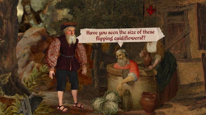 A screenshot from Death of the Reprobate showing a man talking to a woman next to a well, while another man emerges from the well to say ‘Would you look at the size of these flipping cauliflowers?'