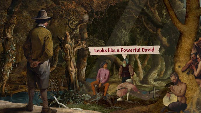A screenshot from Death of the Reprobate showing a forest scene with a man standing in the foreground facing some gravediggers. One of the men says ‘Looks like a Powerful David’.