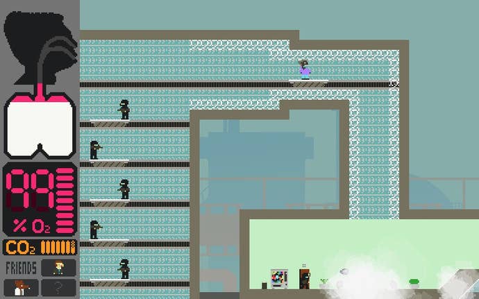 A scene from Mask Quest, showing the main character on a moving platform in a spiky tunnel