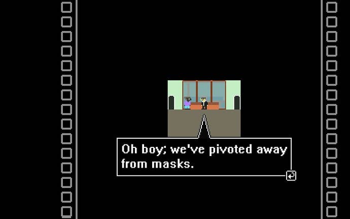 A scene from Mask Quest, showing the main character talking to a mask company manufacturer who says they’ve pivoted to selling police equipment