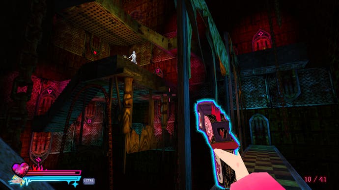 In Sorry, We're Closed, players hold a glowing gun and view an Escher-esque landscape in a tomb.