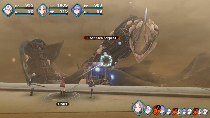 Fantasian screenshot showing characters battling against a giant dragon beast in a sandstorm
