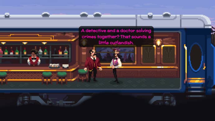 A detective shoots down a suggestion from a doctor inside a train carriage in Loco Motive.