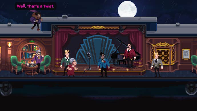 A man in a woman’s coat watches a scene unfold inside a train carriage in Loco Motive.