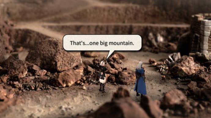 Fantasian screenshot showing rocky, mountainous landscape with two male characters and speech bubble “That’s…one big mountain”