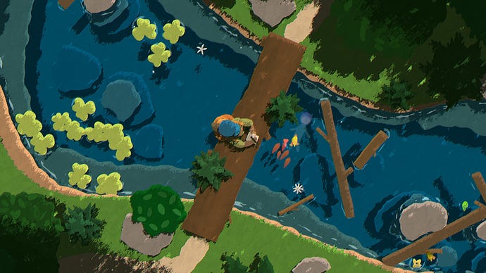 A human stands on a log, making notes about the destruction, while Naiad floats nearby.