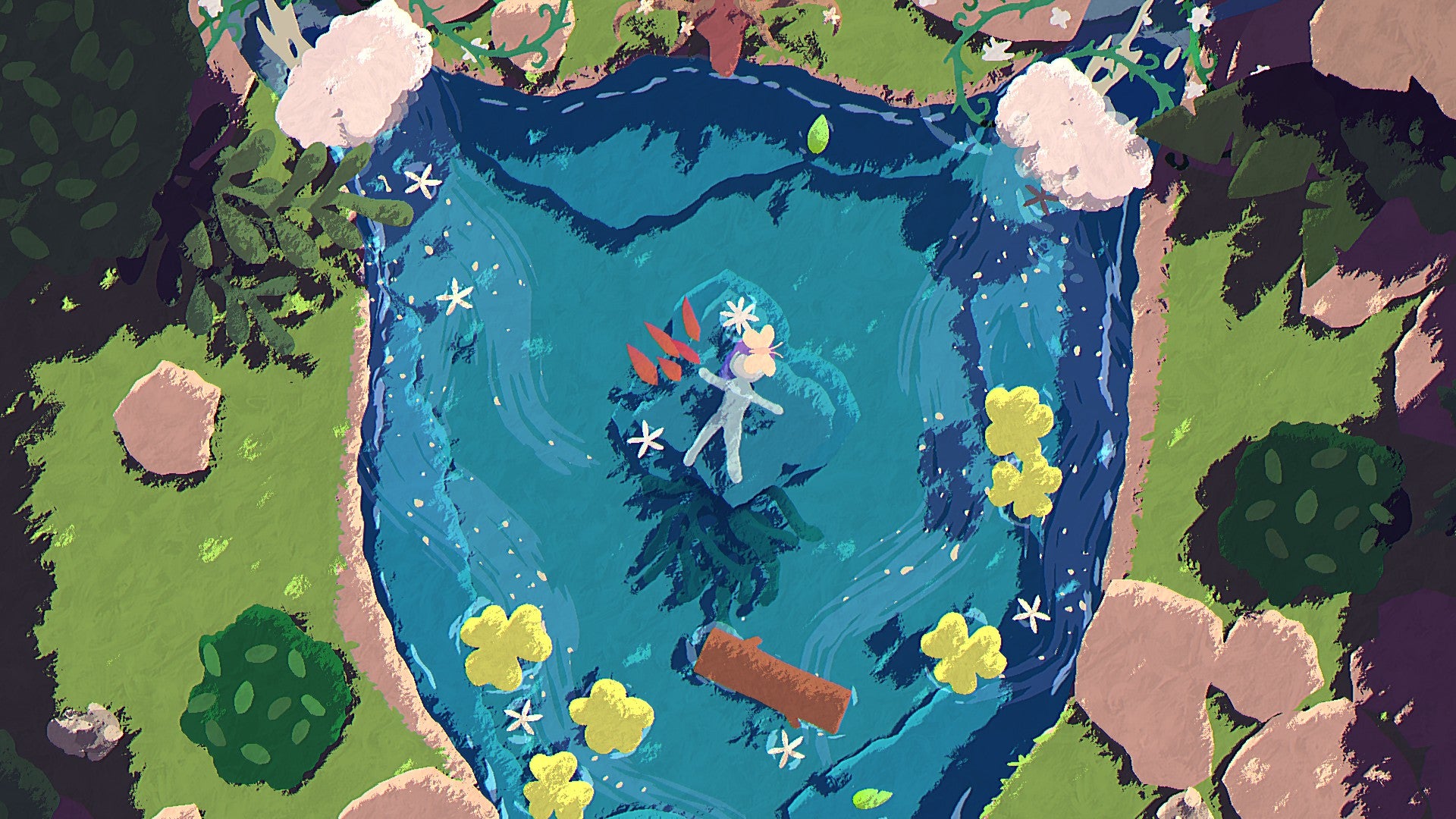 The player floats in a pool of water shaped like a deer's head in Naiad. - 1