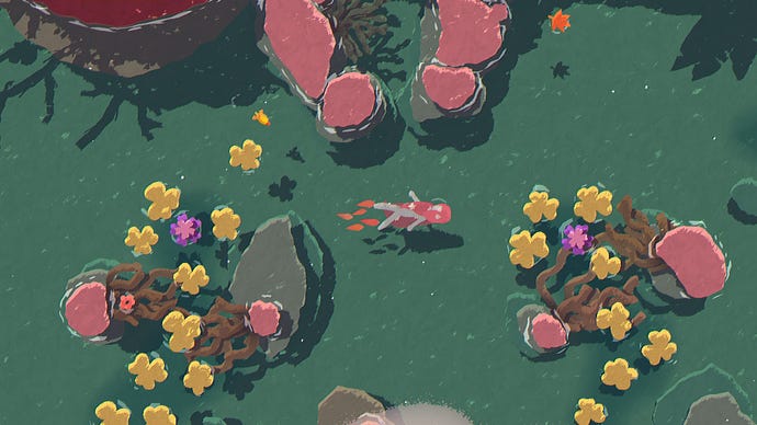 Swimming across a lagoon with flowers floating on its surface in Naiad.