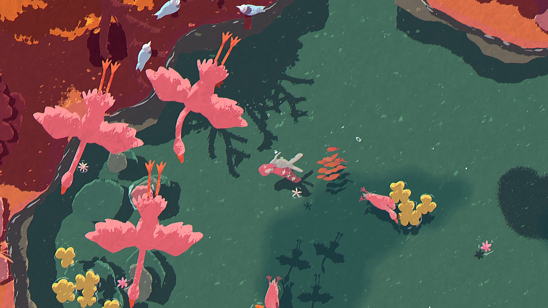 Flamingoes fly in a pack over the player, who swims below, in Naiad. - 4