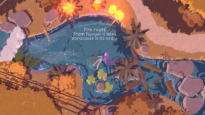 Some bushes are on fire next to the river in Naiad.