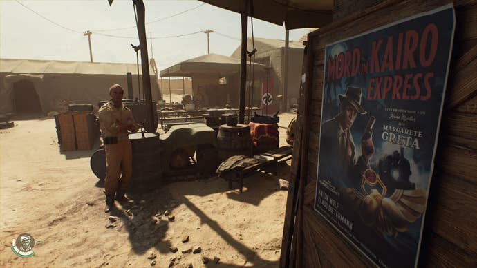 A Nazi guard looks at Indy inside a soldier camp’s makeshift cinema area in Indiana Jones and the Great Circle.