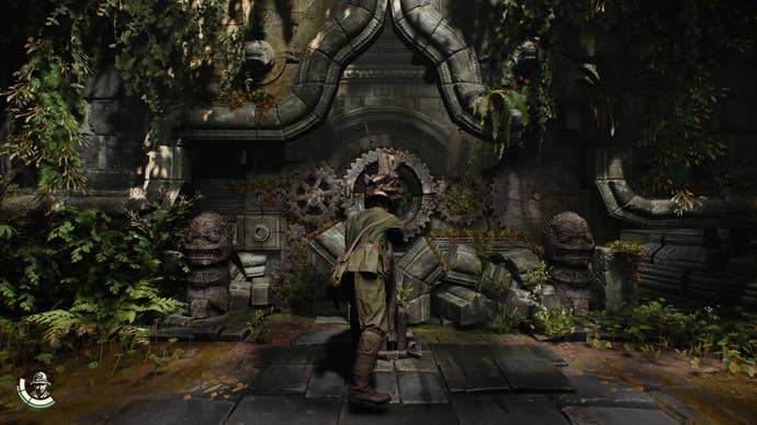 Indy turns cogs in an ancient stone puzzle in Indiana Jones and the Great Circle.