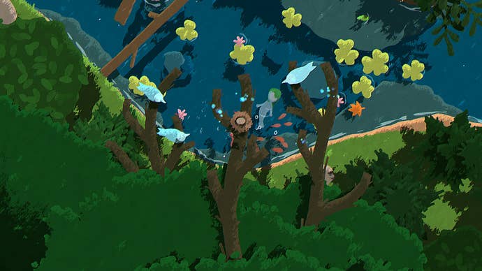 Naiad navigates a river filled with logs in Naiad.