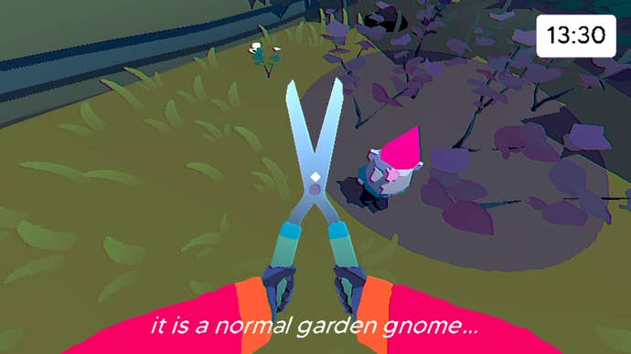 The player holds a pair of shears in front of "a normal garden gnome" in Grunn