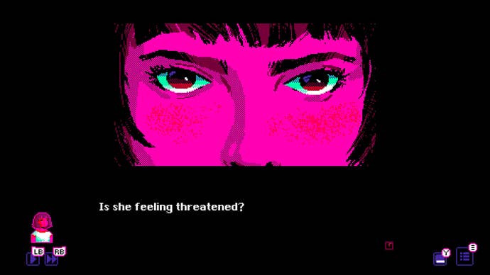 A woman’s staring eyes in close-up in Grizzly Man. Text reads: Is she feeling threatened?