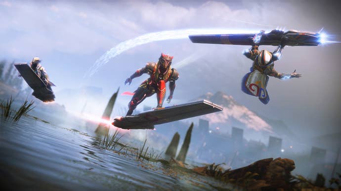 Destiny 2 screenshot showing the game’s flat hoverboards being ridden by armoured Guardian player characters.