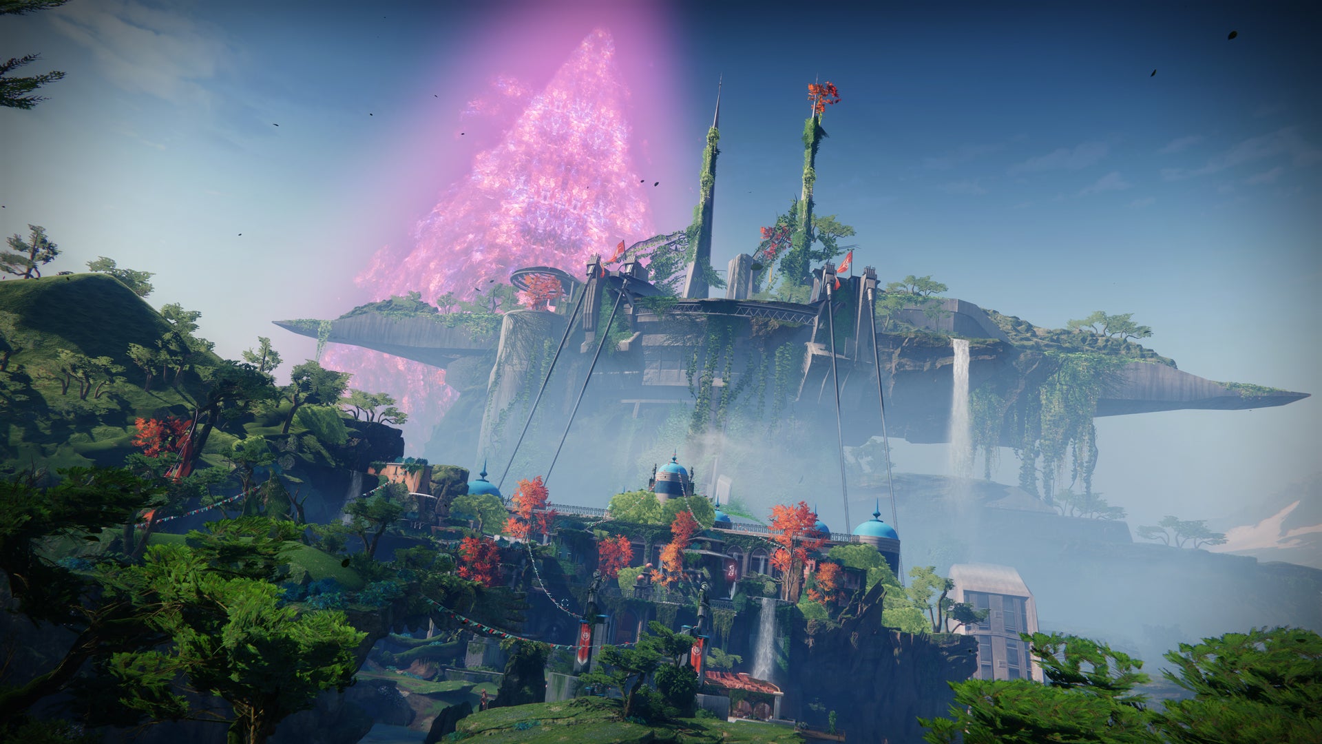 A large, overgrown structure rises up in the distance above a jungle city in Destiny 2: The Final Shape.
