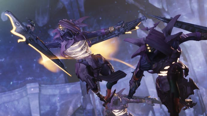 Two fearsome warriors leap through the air in Destiny 2's The Final Shape expansion.